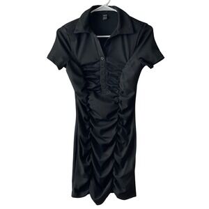 SHEIN Ruched Black Mini Dress Womens S/4 Ribbed Short Sleeve Polo Y2k‎ Clubwear